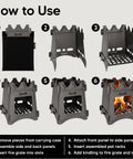 Instructional image on assembling Titanium Wood Stove Ultralight And Compact For Backpacking With Collapsible 0.2 Inch Thick Design And Weighing Just 6.8 Ounces Includes Travel Carry Case For Easy Outdoor Cooking On The Go.