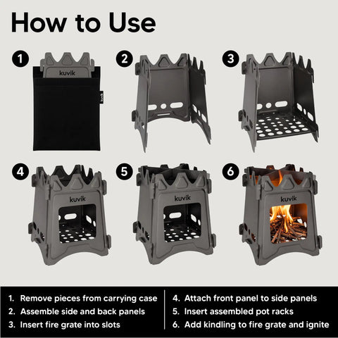 Instructional image on assembling Titanium Wood Stove Ultralight And Compact For Backpacking With Collapsible 0.2 Inch Thick Design And Weighing Just 6.8 Ounces Includes Travel Carry Case For Easy Outdoor Cooking On The Go.