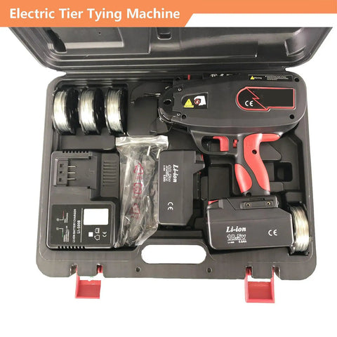 Heavy-Duty Rebar Tying Machine With Battery And Charger for Steel Ironing 4-45mm Bars in storage case with accessories.