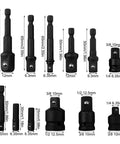 Super Cool 12-Piece Drill Socket Adapter Extender Set for Impact Drivers, Includes 1/4 Inch 3/8 Inch And 1/2 Inch Hex Shank Converters Plus Reducer Kit With Detent Ball, Perfect For Cranky Tight Spots In Any Garage Or Shop Job You Gotta Handle Today. Black metal adapters shown with size markings.