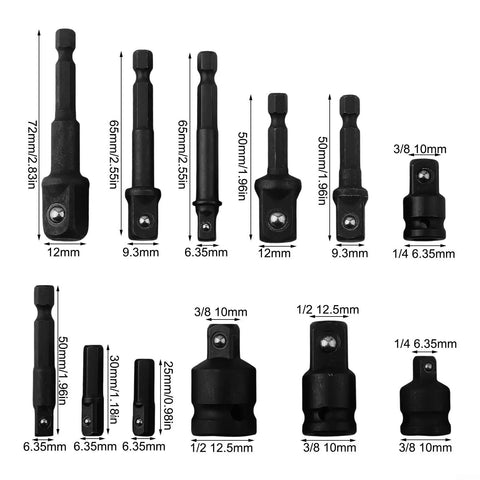Super Cool 12-Piece Drill Socket Adapter Extender Set for Impact Drivers, Includes 1/4 Inch 3/8 Inch And 1/2 Inch Hex Shank Converters Plus Reducer Kit With Detent Ball, Perfect For Cranky Tight Spots In Any Garage Or Shop Job You Gotta Handle Today. Black metal adapters shown with size markings.