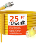 Heavy Duty Outdoor Extension Cord 25 Ft 12 Gauge Waterproof With Lighted End 15 Amp 1875W SJTW Yellow ETL Coiled View