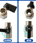 Open and closed valve of Three Quarter Inch Compressed Air Outlet Kit With Air Manifold And One Half Inch NPT Straight Fitting For Shop Air Line Systems.