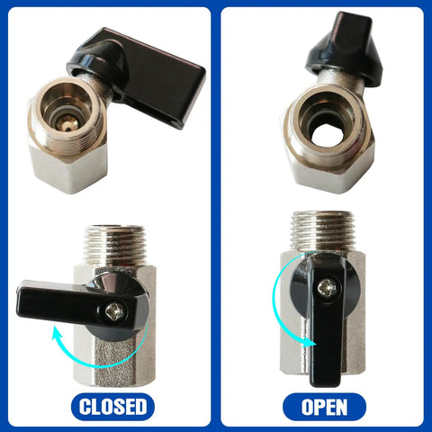 Open and closed valve of Three Quarter Inch Compressed Air Outlet Kit With Air Manifold And One Half Inch NPT Straight Fitting For Shop Air Line Systems.