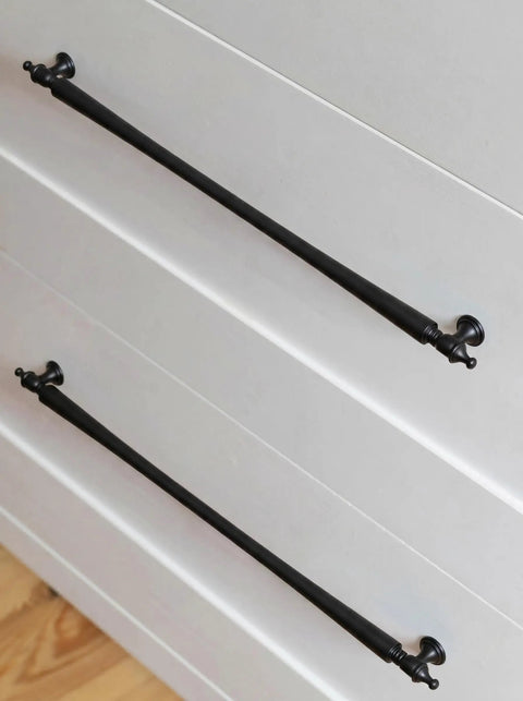 Matte Black Cabinet Pulls 12 5 8 Inch Hole Centers 6 Pack Zinc Alloy Modern Drawer Handles installed on white drawers