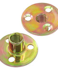 Heavy Duty 16 Pack 3/8 16 Thread Brad Hole T Nuts With Durable Galvanized Coating Screw In Fasteners visible from a top angle showing round bases and inner threading.