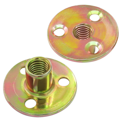Heavy Duty 16 Pack 3/8 16 Thread Brad Hole T Nuts With Durable Galvanized Coating Screw In Fasteners visible from a top angle showing round bases and inner threading.