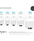 Base size guide for E11, E12, E14, E17, E26 Four Pack G25 Globe Light Bulbs 25W Incandescent 2700K Soft White E26 Base.