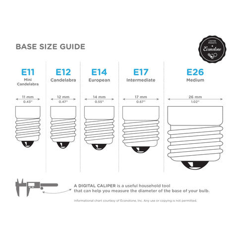 Base size guide for E11, E12, E14, E17, E26 Four Pack G25 Globe Light Bulbs 25W Incandescent 2700K Soft White E26 Base.