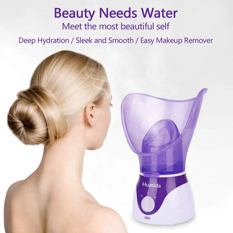 Woman using At Home Spa Facial Steamer for Deep Hydration and Open Pores, Personal Steam Inhaler Sauna with Warm Mist, purple