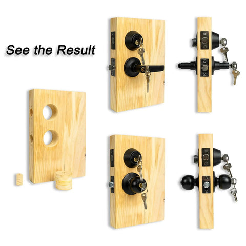 No Brainer Easy DIY Door Lock Installation Kit showing installed knobs, levers, and holes in a wooden door panel.