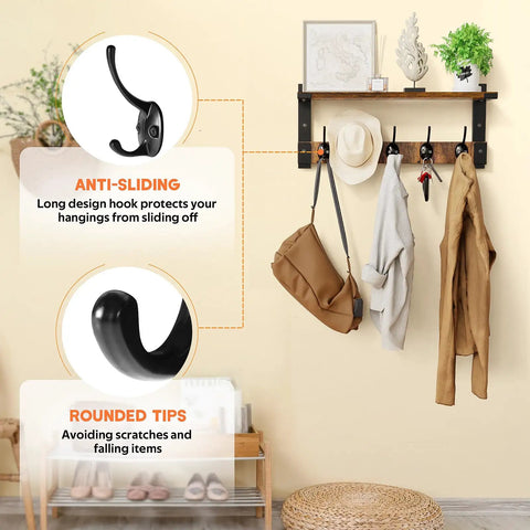 Wall Mount Coat Rack With Shelf And Hooks, No-Fuss Space Saving Entryway Organizer For Coats Hats Bags Keys And More, floating hall shelf with hanging items, anti-sliding hook and rounded tips features displayed.