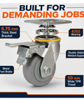 Badass Four Inch Heavy Duty TPR Swivel Casters With Foot Lock Brakes And Reinforced Steel Plates, showing 5.75mm steel bracket and foot brake.