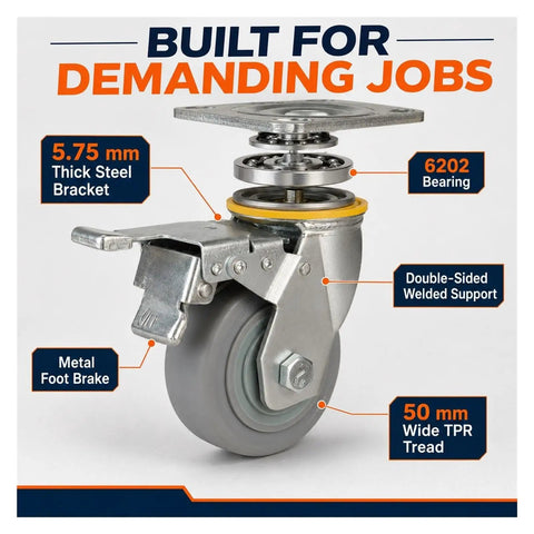 Badass Four Inch Heavy Duty TPR Swivel Casters With Foot Lock Brakes And Reinforced Steel Plates, showing 5.75mm steel bracket and foot brake.