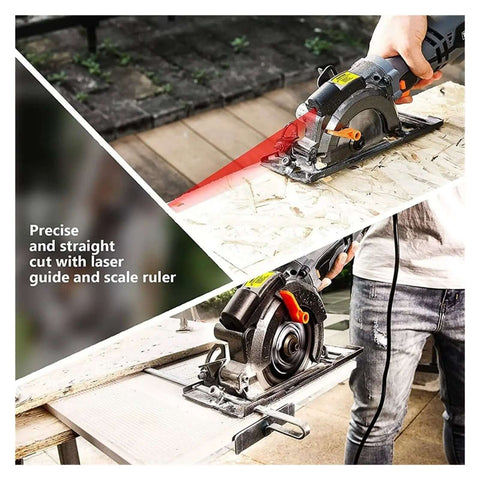 Hardcore Mini Circular Saw Kickin Up Smooth Cuts With 5.8 Amp Motor And 3500 RPM Speed in action with laser guide on wood.