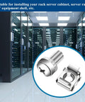 Heavy Duty M6 X 16Mm Rack Mount Screws And Cage Nuts, 45 Piece Solid Hardware Kit For Server Cabinets And Router Shelves, Square Hole Fasteners, No Sweat Rack Install, Silver close-up in a server room.