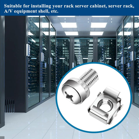 Heavy Duty M6 X 16Mm Rack Mount Screws And Cage Nuts, 45 Piece Solid Hardware Kit For Server Cabinets And Router Shelves, Square Hole Fasteners, No Sweat Rack Install, Silver close-up in a server room.
