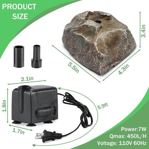 Cool Rock Style Bird Bath Fountain With Electric Pump For Outdoor Garden Yard Patio Hummingbird Bird Bath Waterfall Bubbling Feature For Bird Lovers And Wildlife Watching Decor, showing resin rock and pump components with dimensions.