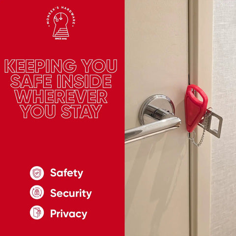 Door Lock For Extra Security And Privacy While Traveling Portable Travel Lockdown Prevent Entry And Keep Your Family Safe Red Ideal For Hotels Dorms Apartments And Bedrooms On The Go Easy To Use Yet Durable Travel Essential Safety Gear, installed on an inward door, red color, easy installation.
