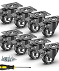 2 Inch Heavy Duty PU Caster Wheels With Hella Sturdy Dual Locking Brake Eight Pack featuring swivel design and mounting plates.