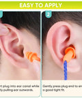 Reusable Silicone Ear Plugs For Sleep And Travel, Comfortable All Day Fit, shown being inserted and tightened in ear, 25dB NRR
