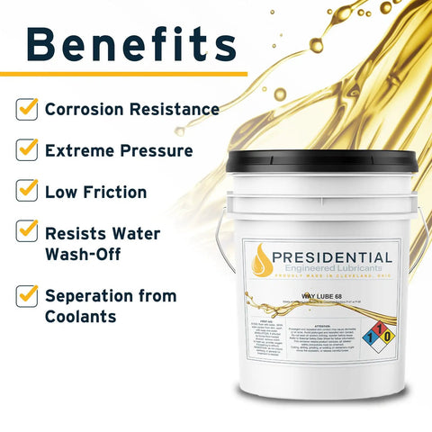 Way Oil 68 Premium Heavy Duty Industrial Lubricant For Milling Machines And Other Machine Tools, 5-gallon container with benefits listed