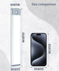 Size comparison of 35 LED Under Cabinet Lights Wireless Motion Sensor with phone, showing dimensions.
