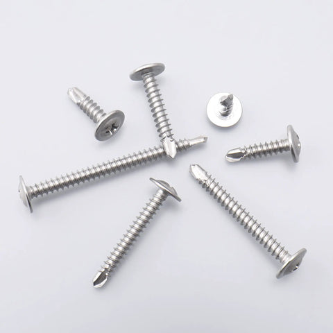 Heavy Duty Self Tapping Screws 410 Stainless Steel 8 X 2 Inch For Metal And Wood 90 Piece Pack scattered on white background.