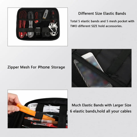 Travel Electronics Organizer Case Water Resistant Cable Organizer Bag displaying various elastic bands for gadget storage.