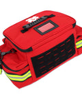 Front view of red mid-sized EMT medical bag with reflective yellow stripes, black side panel, and Star of Life emblem.