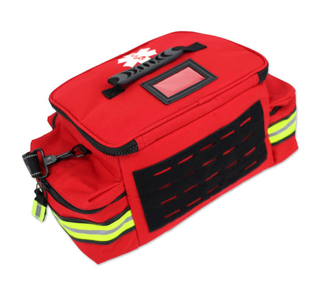 Front view of red mid-sized EMT medical bag with reflective yellow stripes, black side panel, and Star of Life emblem.