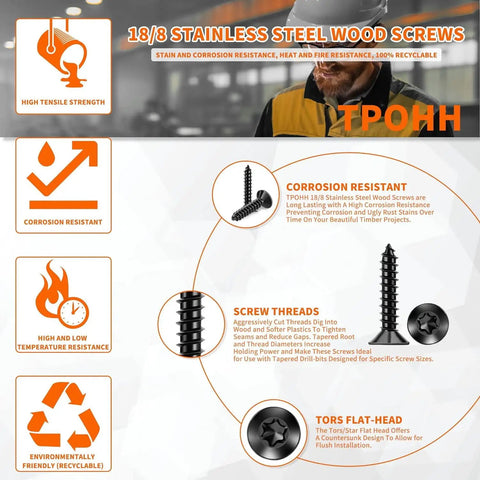 Top Shelf One Hundred Pack Six By Three Quarter Inch Flat Head Torx Star Drive Wood Screws Premium 18 8 Stainless Steel Black Coated Heavy Duty Fasteners Go To Hardware infographic features.