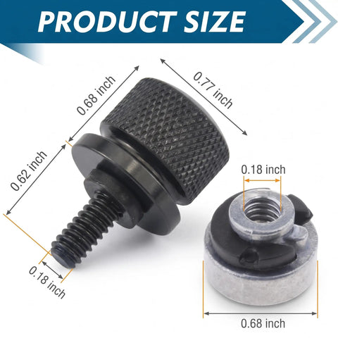 Premium 304 Stainless Motorcycle Seat Bolt And Screw Nut Kit showing dimensions of knurled bolt and washer for installation.