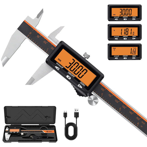 Rechargeable Digital Caliper With Type C Fast Charge And Auto Off, large orange screen, stainless steel, full kit view