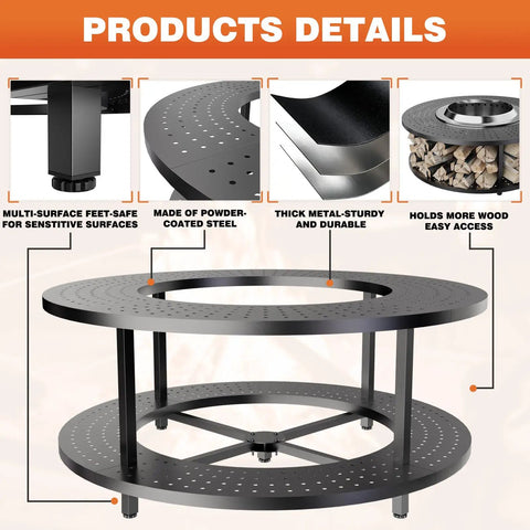41 Inch Fire Pit Surround Tabletop With Wood Storage Shelf And Powder Coated Steel Surround, raised stand, product details view