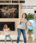 Rock Solid Sound Absorbing Wall Panels With Fresh UV Printed Artwork For Studio Home Office Setup and Quiet Room Vibe Featuring Heavy Duty Insulation and Sleek Colors In A Convenient Eight Piece Bundle Measuring 12X16 Inches, showcased in a home setup with family.