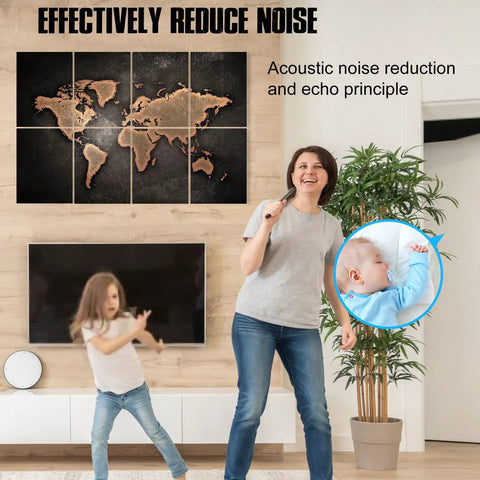 Rock Solid Sound Absorbing Wall Panels With Fresh UV Printed Artwork For Studio Home Office Setup and Quiet Room Vibe Featuring Heavy Duty Insulation and Sleek Colors In A Convenient Eight Piece Bundle Measuring 12X16 Inches, showcased in a home setup with family.