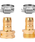 Garden Hose Repair Connector Kit With Clamps For Three Quarter Or Five Eighth Inch Aluminum Hoses Includes Four Sets Of Male And Female Fittings And Washers Durable Aluminum Connectors With Stainless Steel Clamps. Image shows gold aluminum male and female connectors with stainless steel clamps.