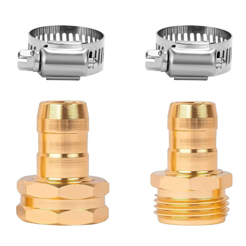 Garden Hose Repair Connector Kit With Clamps For Three Quarter Or Five Eighth Inch Aluminum Hoses Includes Four Sets Of Male And Female Fittings And Washers Durable Aluminum Connectors With Stainless Steel Clamps. Image shows gold aluminum male and female connectors with stainless steel clamps.