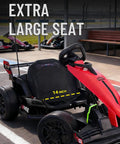 Red 36V Kids Go Kart 600W Electric Drift Racing Kart with extra large 14-inch seat, 10 MPH top speed, in an outdoor setting.