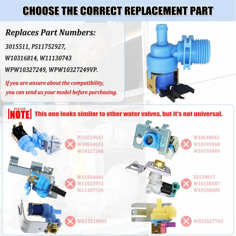 Dishwasher Inlet Valve Replacement W10327249 WPW10327249 Easy Fit components and compatibility chart