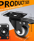 2 Inch Heavy Duty Plate Casters With Brakes, 4 Pack, 600 Lb Capacity, 360 Degree Quiet Swivel Wheels, Polyurethane PU For Furniture, Carts, Cabinets, Workbenches, Black