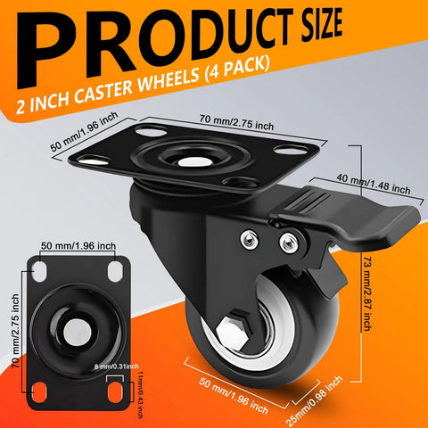 2 Inch Heavy Duty Plate Casters With Brakes, 4 Pack, 600 Lb Capacity, 360 Degree Quiet Swivel Wheels, Polyurethane PU For Furniture, Carts, Cabinets, Workbenches, Black