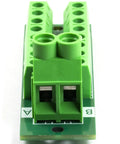 Close-up of a green 30Amp 48V Terminal Block Distribution Module 2x8 Position Power Block For Battery Banks And DIY Electronics
