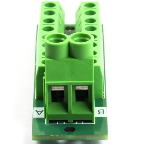 Close-up of a green 30Amp 48V Terminal Block Distribution Module 2x8 Position Power Block For Battery Banks And DIY Electronics