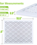 Diagram showing Six Pack 16x20x1 Air Filter MERV 11 MPR 1000 with durable ABS white frame, exact size 19.6 x 15.6 x 0.9 inches.