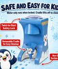 Totally Legit Penguin Shaved Ice Maker For Home And Kids with safety features, blue color, and fun penguin design.