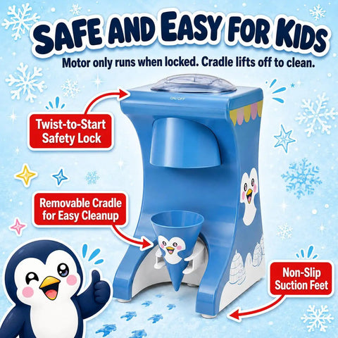 Totally Legit Penguin Shaved Ice Maker For Home And Kids with safety features, blue color, and fun penguin design.