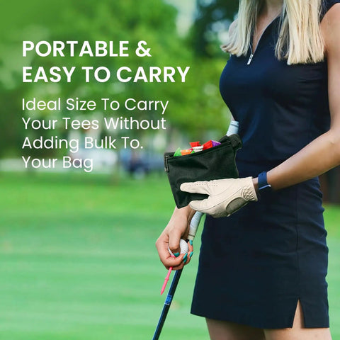 Woman holding pouch with unbreakable plastic golf tees three and one quarter inch 30 pack in multicolor for practice