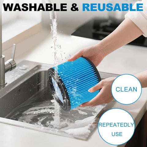 VF3500 Fine Dust Filter Replacement For Rigid Wet Dry Shop Vacuums being washed in a sink to show reusability.